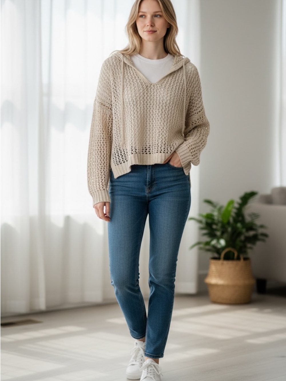 Maurices Open Crochet Hooded Top - Cream